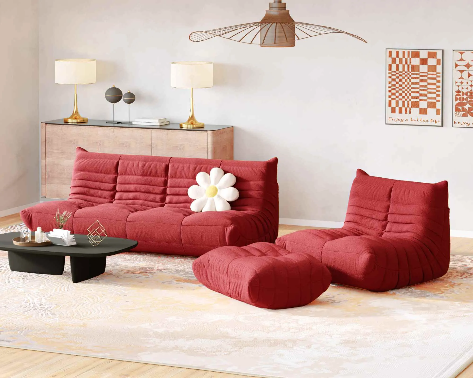 Caterpillar Modern Lazy Sofa Cozy 72 Inch Teddy Velvet Corner Sectionals 5 Seaters Atunus 8