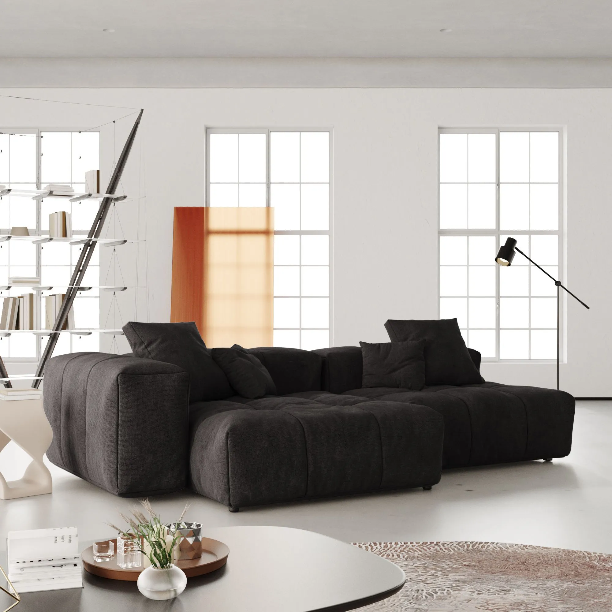 Pixel Classic Modular Sofa 91.77 Black Linen Modular Loveseat Sofa Atunus 7