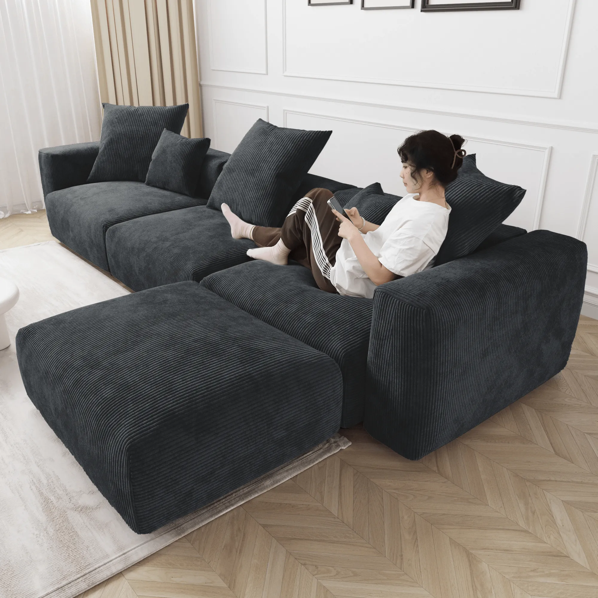 Pixel Modern Modular Sofa Comfort Elegant 102 Inch Corduroy L Shaped Sectionals 3 Seaters Atunus 26