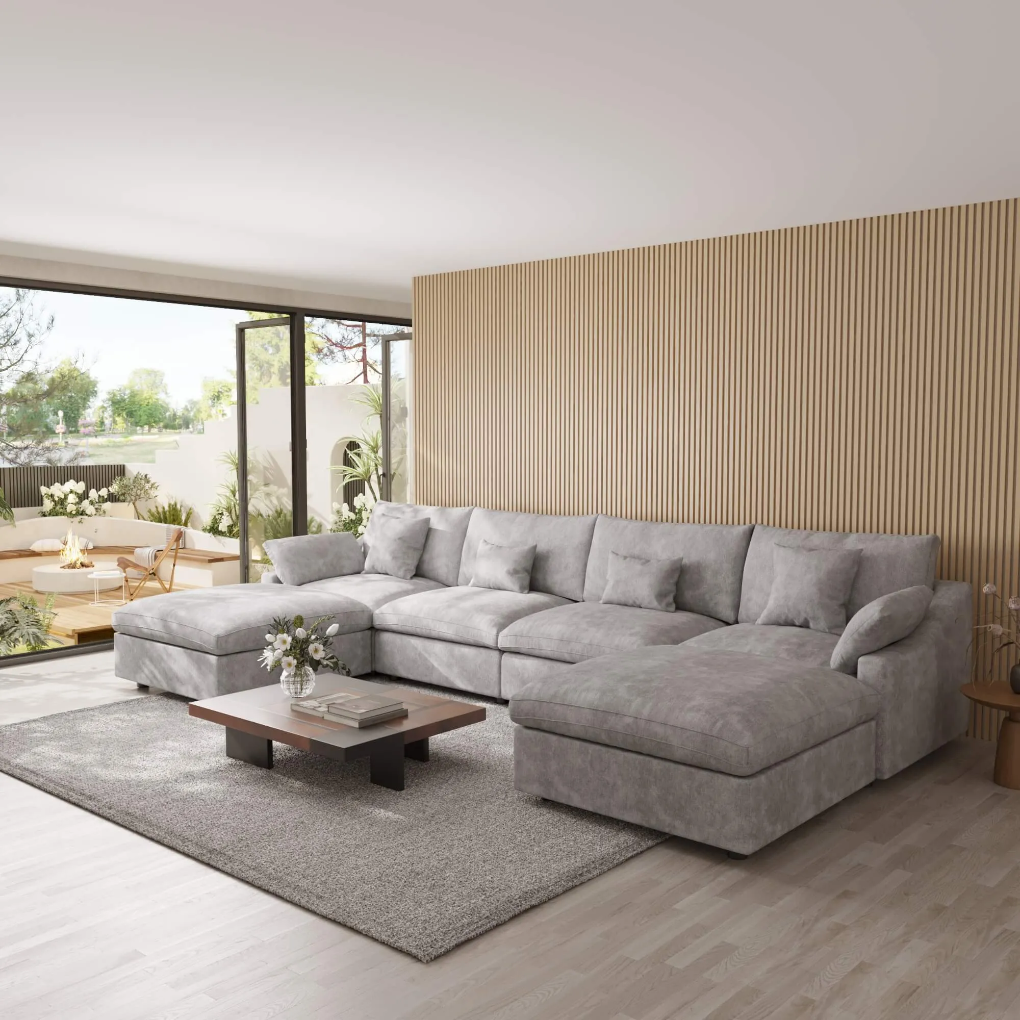 Sky Cloud Slope Sectional Sofa Plush Comfort Linen U Shaped Sectionals 6 Seaters Atunus 10