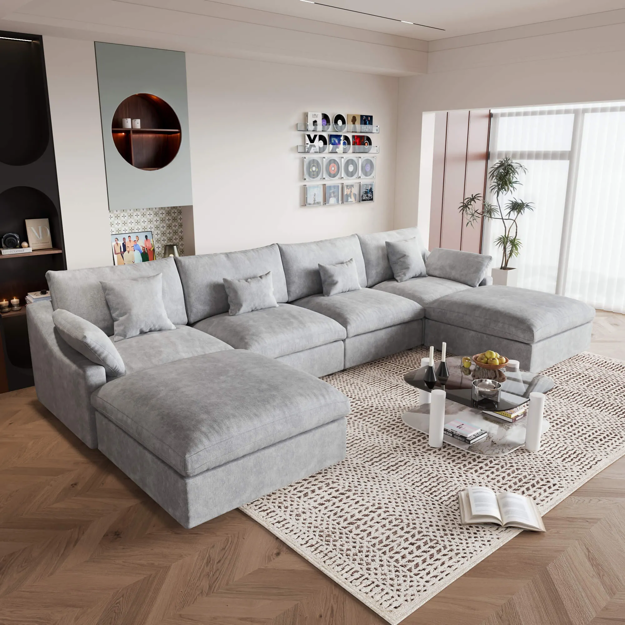 Sky Cloud Slope Sectional Sofa Plush Comfort Linen U Shaped Sectionals 6 Seaters Atunus 16