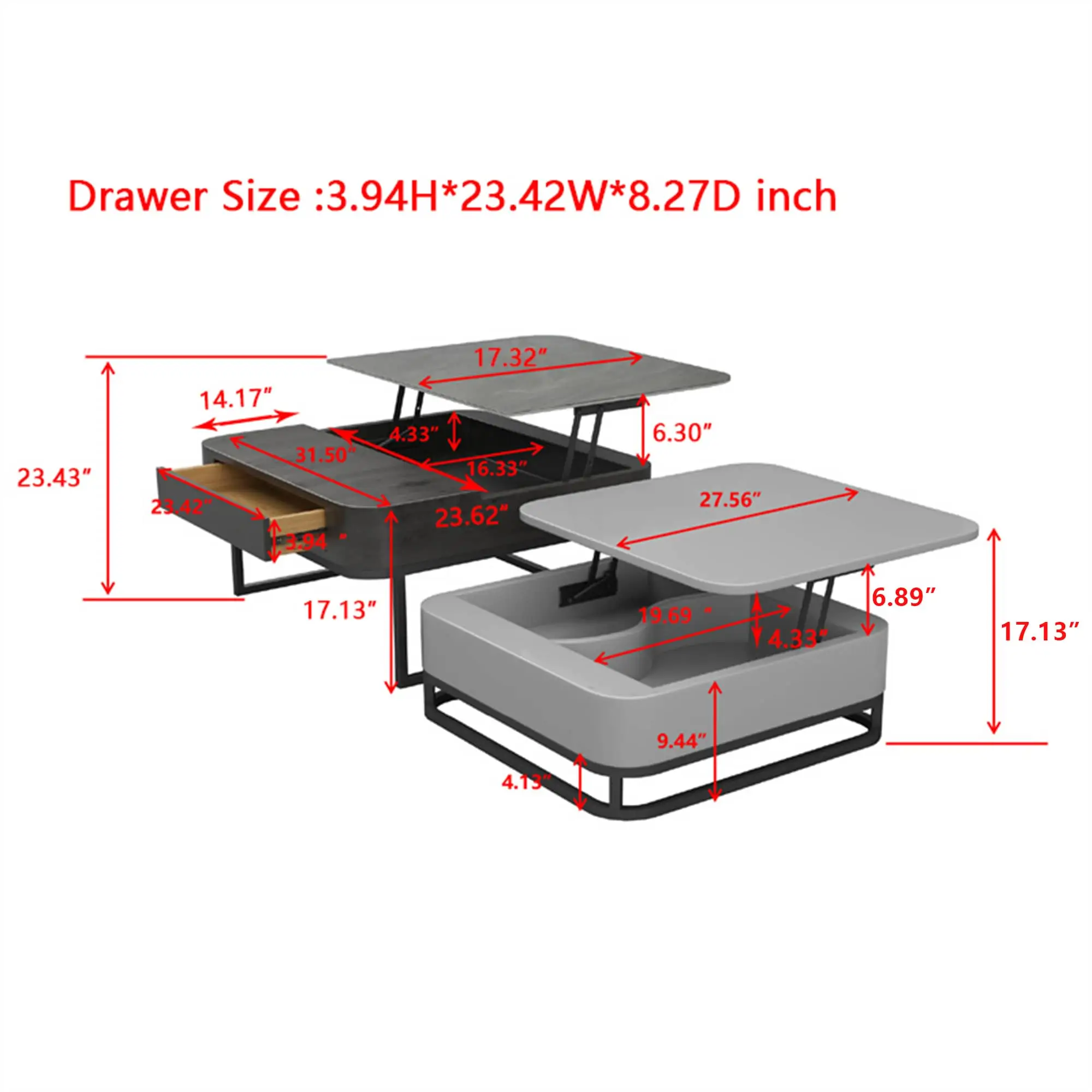 Square Dual Lift Top Coffee Table With Storage Dimensions