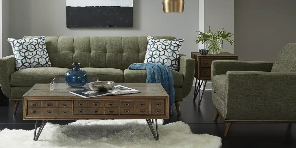 Mid Century Modern Decor With Green Chenille Sofa