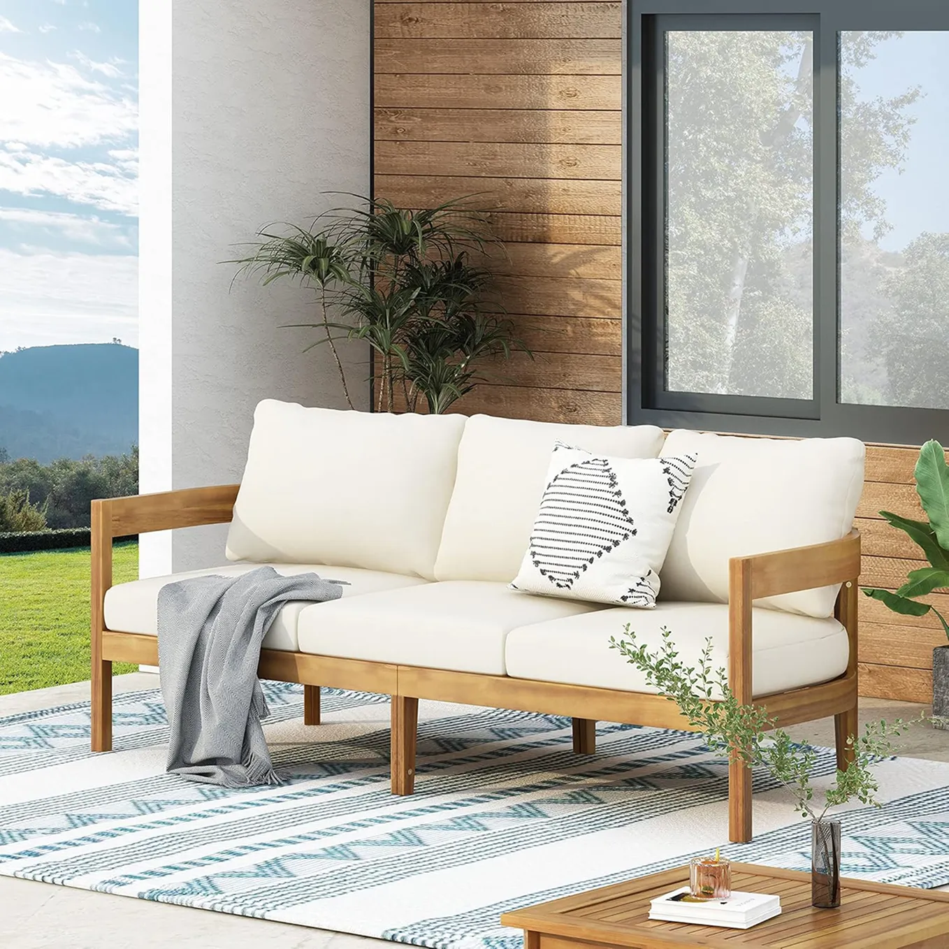 Brooklyn Outdoor 3 Seater Sofa With Cushions Acacia Wood Teakbeige 1 1750299058